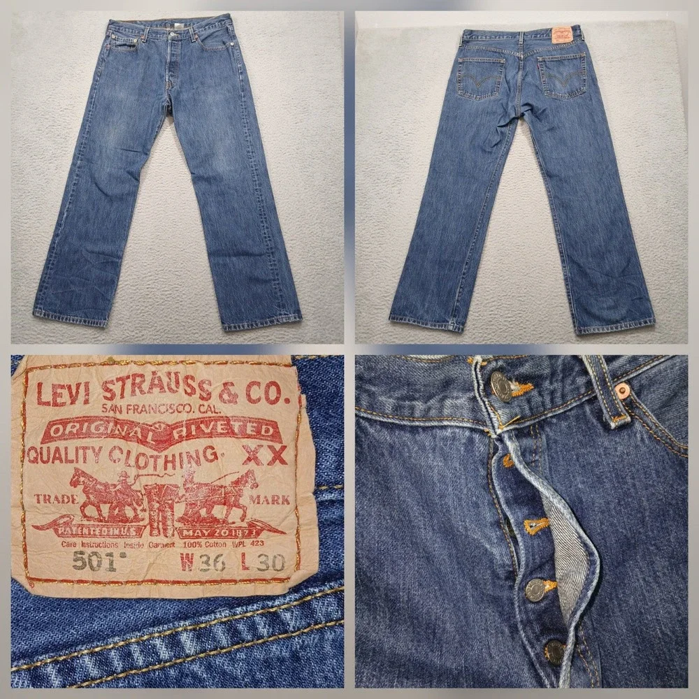 Levi's 501 Jeans Men 36x30 Blue Button Fly Made in‎ Mexico 100% Cotton